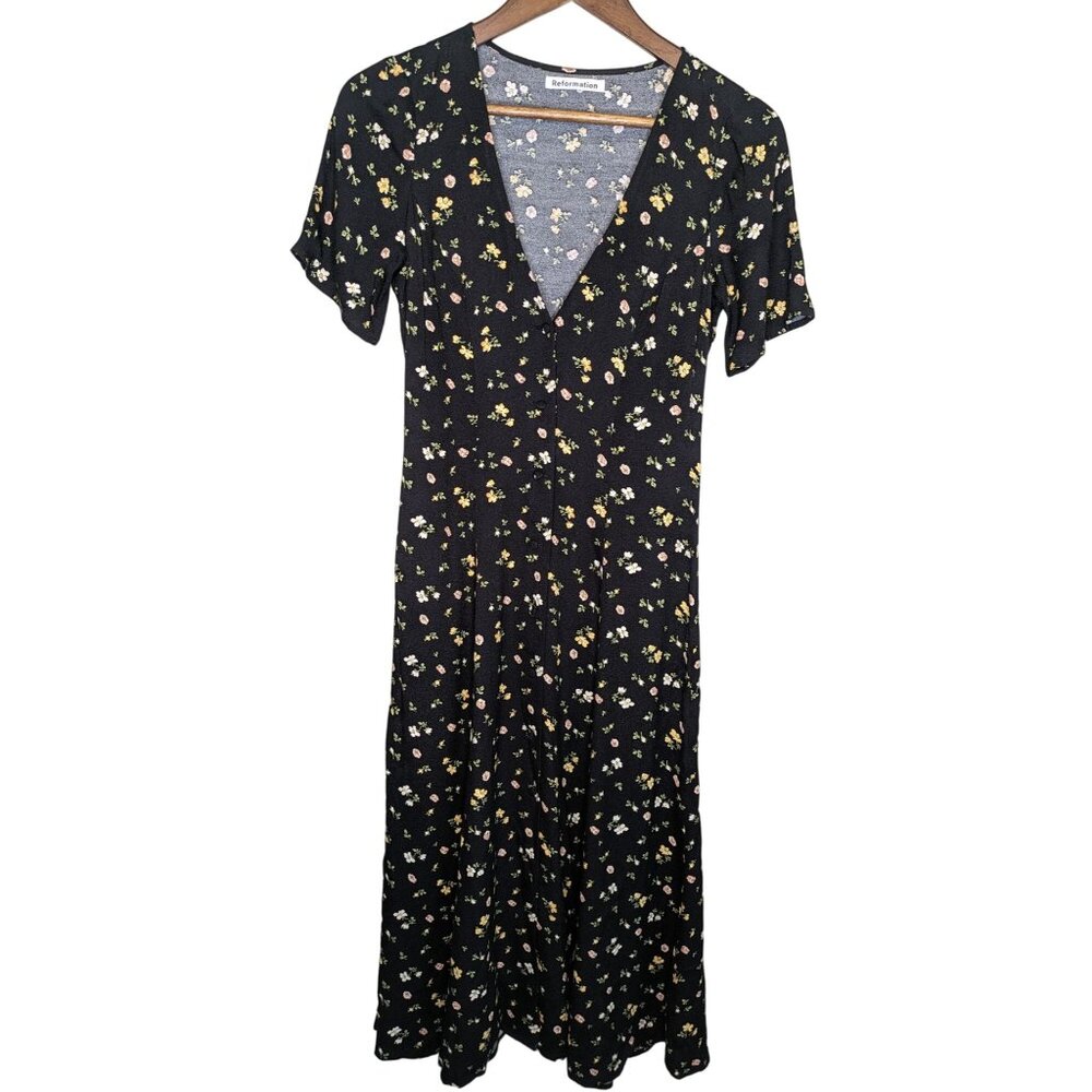 Reformation Black Midi Dress with Yellow & White Floral Print